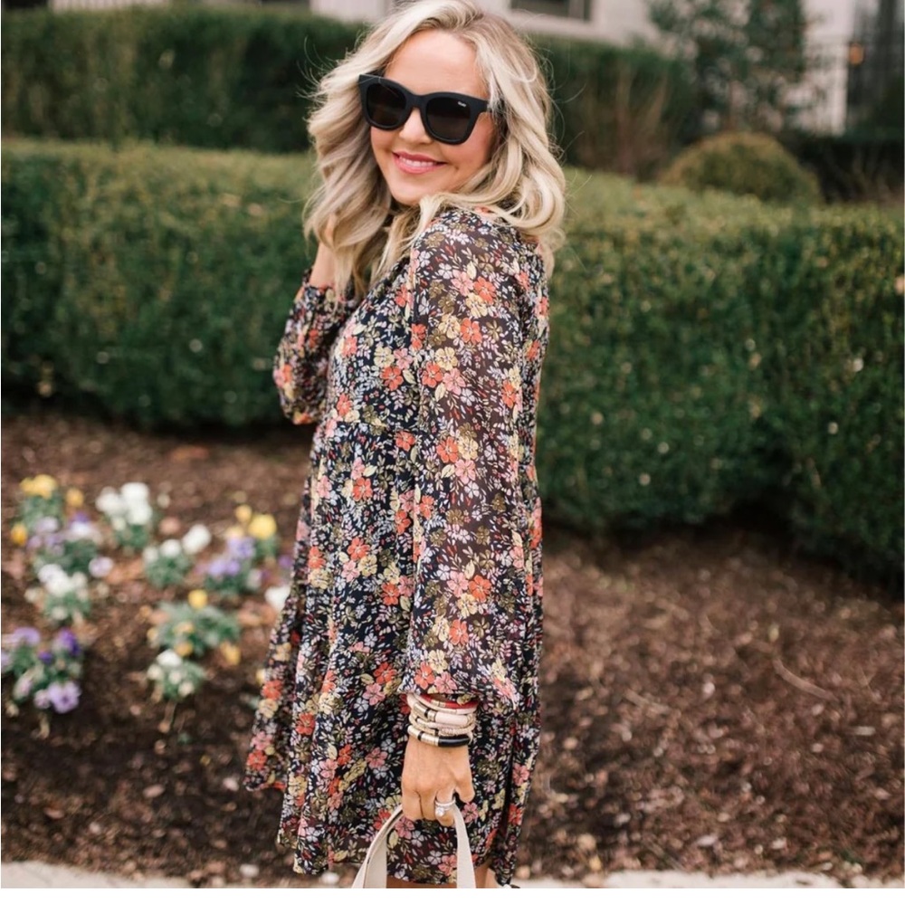 Loft Floral Black Ruffle neck Dress- worn about twice